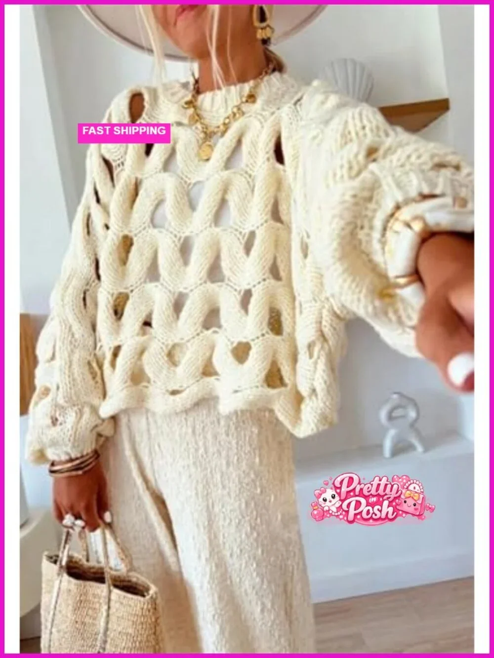 Crochet Hollow Out Sweater Long Sleeve Crewneck Mesh Knit Pullover Top Beach